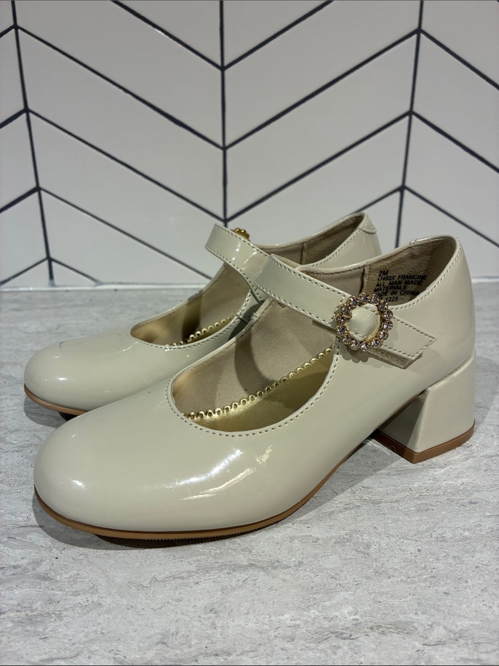 Rachel Shoes Girls (2) Cream Mary Jane Block Heels with Jewelled Buckle
